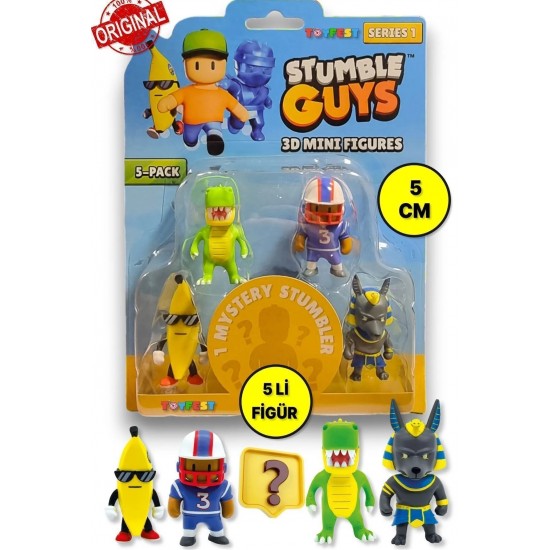 Stumble Guys Seri 1 - 3D Mini 1 i Sürpriz olan 5 li Figür Seti - T-rex Quarterback Banana Guy Anubis